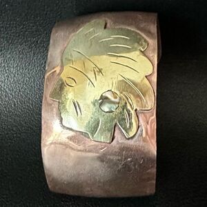 Vintage Aztec Copper Brass & Abalone Shell Inlay Cuff Bracelet Boho Mexican 6.5